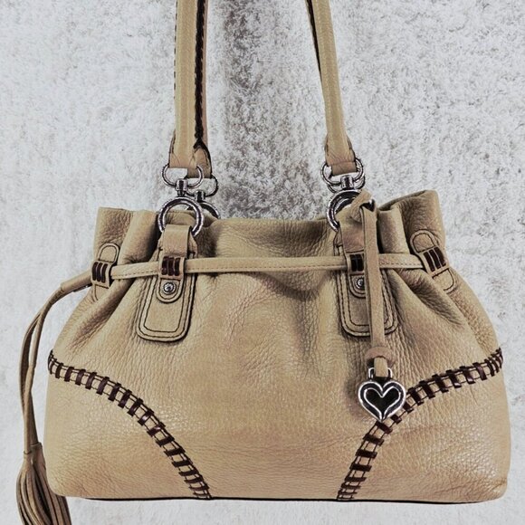 BRIGHTON Beige Pebble Leather Hobo Shoulder Bag Whipstitching Tassel Drawstring - Picture 1 of 16